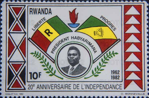 Juvénal Habyarimana (1937-1994) was dictator and president of Rwanda from 1973 until his death in 1994. Portrait on Rwandan postage stamp