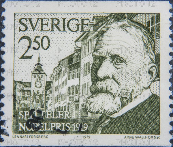 Carl Spitteler (1845 -1924) was a Swiss author who was awarded the Nobel Prize in Literature in 1919. Portrait on a Swedish stamp