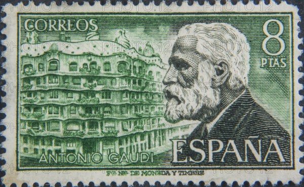 Antoni Gaudí (1852-1926) was a Catalan architect, Spain. Portrait on Spanish postage stamp