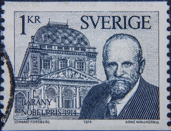 Robert Bárány, (1876-1936) was an Austro-Hungarian and Swedish otologist. In 1914 he received the Nobel Prize in Physiology or Medicine. He studied the balance organs in the ear. Portrait on a Swedish postage stamp