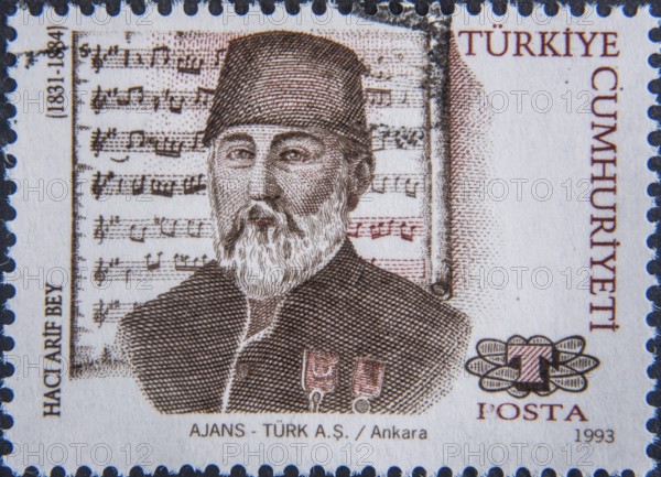 Haci Arif Bey (1831-1885) was a Turkish composer known for his compositions in the sarki form, the most common secular form in Turkish classical music. He was a very prolific composer. Portrait on Turkish postage stamp