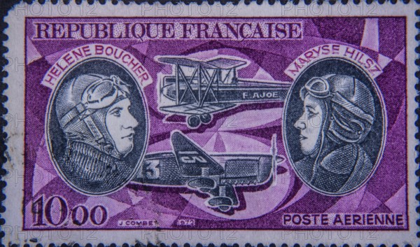 Hélène Boucher (1908-1934) a well-known French pilot in the early 1930s and Maryse Hilsz (1901–1946) a French aviator known for high altitude and endurance flights. Portrait on French postage stamp