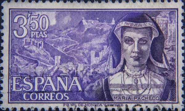 María Pacheco, (1496-1531), was a Spanish noblewoman, known for her role in the Comuneros Revolt. As a widow, she took over the local leadership of the rebellion in Toledo from her husband between 1521 and 1522. Portrait on a Spanish postage stamp
