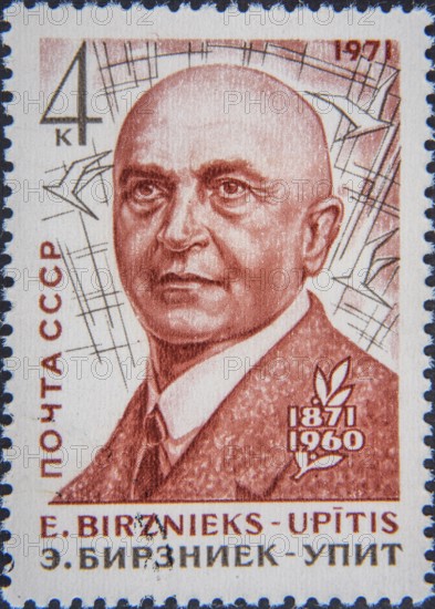 Ernests Birznieks-Upitis (1871–1960) was a Latvian writer, translator and librarian. Portrait on a Russian postage stamp