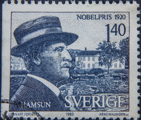 Knut Hamsun, (1859 -1952) was a Norwegian writer. He received the Nobel Prize in Literature in 1920. Portrait on a Swedish stamp