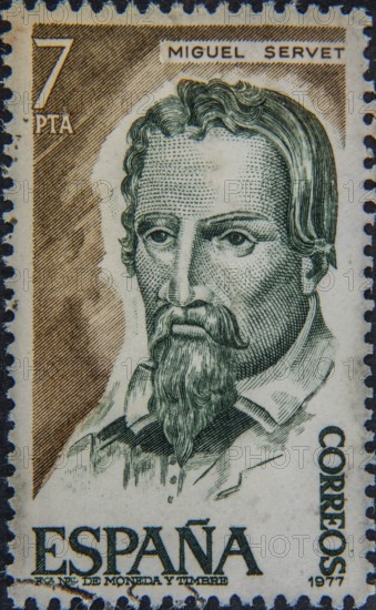 Miguel Servetus (1511-1553) was a Spanish (Aragonese) physician, physicist and theologian. Portrait on a Spanish postage stamp