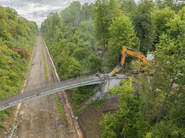 An excavator demolishes a bridge in the forest, surrounded by dense greenery and under a cloudy sky, bridge demolition, Calw, Germany