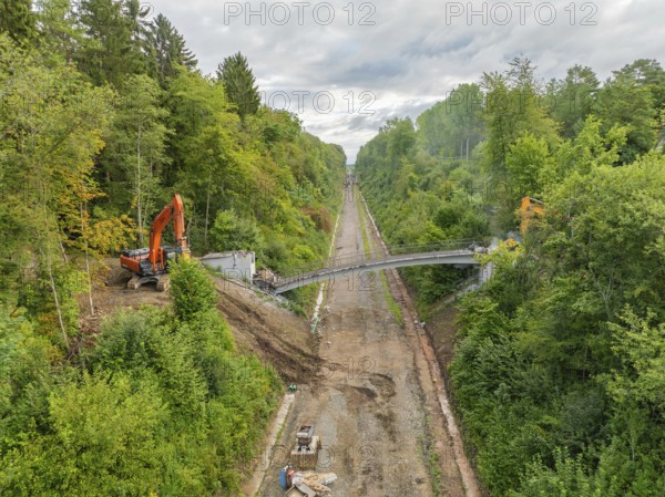 Excavator on both sides of a bridge to be demolished in a wooded area with cloudy sky, bridge demolition, Calw, Germany