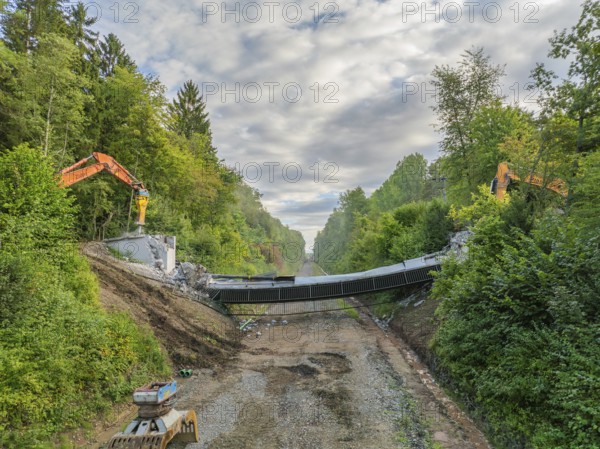 Excavators on both sides of a bridge during demolition work, surrounded by forest under a cloudy sky, bridge demolition, Calw, Germany