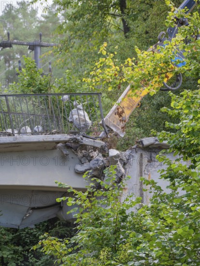 An excavator tears down a bridge, railing surrounded by trees and leaves, bridge demolition, Calw, Germany