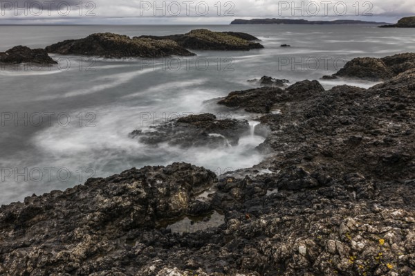 Rocky coast, offshore islands, Ballintoy Harbour, Causeway Coastal Route, Antrim, Northern Ireland, Great Britain