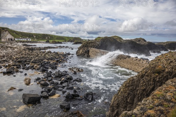 Breakwater at the fishing harbour, Ballintoy Harbour, Causeway Coastal Route, Antrim, Northern Ireland, Great Britain
