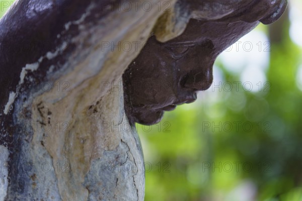 Close-up of a weathered statue's face, showing signs of age and decay, set against a blurred natural background in ronda, malaga, spain in ronda, malaga, spain