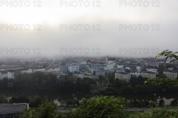 The city of Leoben in the early morning fog, Leoben, Styria, Austria