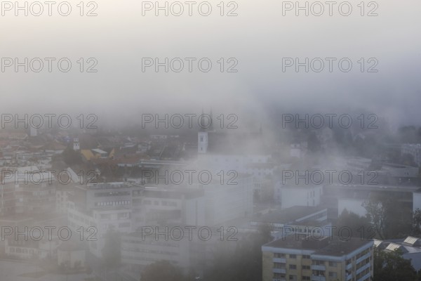 The city of Leoben in the early morning fog, Leoben, Styria, Austria