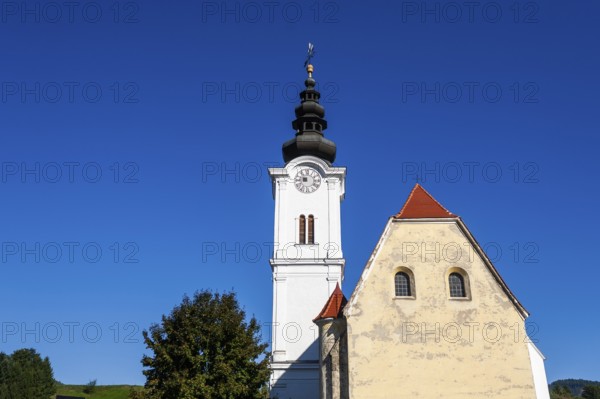 Renovated church tower, Holy Trinity Church, Trofaiach, Styria, Austria