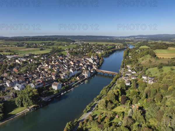 Aerial view of Diessenhofen with the historic wooden bridge over the Rhine, Canton Thurgau, Switzerland
