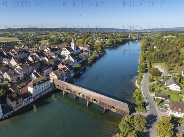 Aerial view of Diessenhofen with the historic wooden bridge over the Rhine, Canton Thurgau, Switzerland