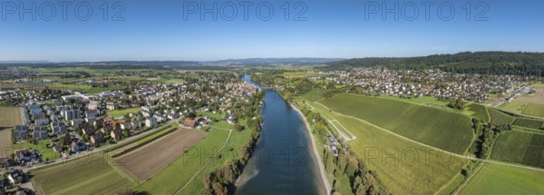 Aerial view, panorama of Diessenhofen with the historic wooden bridge over the Rhine, on the right the German municipality of Gailingen am Hochrhein, with a vineyard, vineyard slope, Canton Thurgau, Switzerland