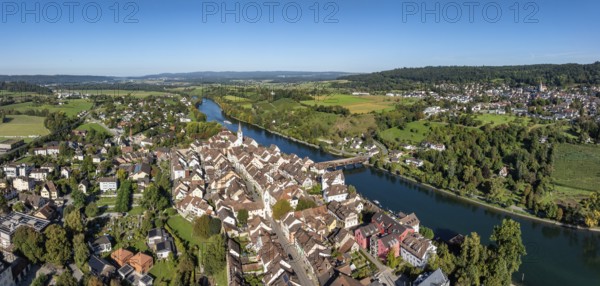 Aerial view, panorama of Diessenhofen with the historic wooden bridge over the Rhine, on the right the municipality of Gailingen am Hochrhein, Canton Thurgau, Switzerland