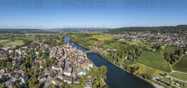 Aerial view, panorama of Diessenhofen with the historic wooden bridge over the Rhine, on the right the municipality of Gailingen am Hochrhein, with vineyard, vineyard slope, Canton Thurgau, Switzerland