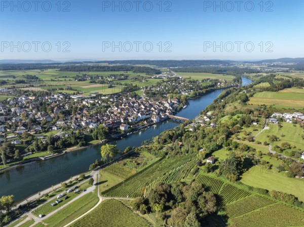 Aerial view of Diessenhofen with the historic wooden bridge over the Rhine, in the foreground a vineyard, vineyard slope, Canton Thurgau, Switzerland
