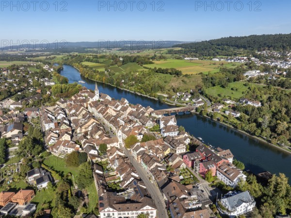 Aerial view of Diessenhofen with the historic wooden bridge over the Rhine, Canton Thurgau, Switzerland