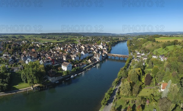 Aerial view, panorama of Diessenhofen with the historic wooden bridge over the Rhine, Canton Thurgau, Switzerland