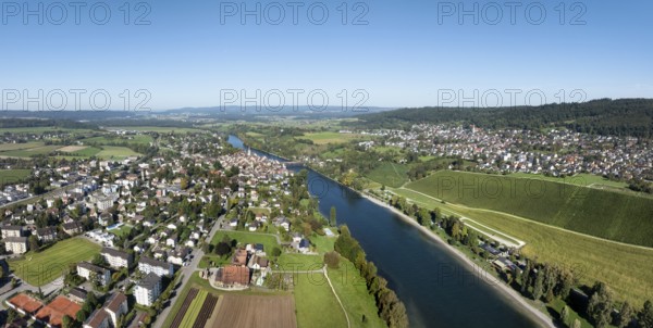 Aerial view, panorama of Diessenhofen with the historic wooden bridge over the Rhine, on the right the German municipality of Gailingen am Hochrhein, with a vineyard, vineyard slope, Canton Thurgau, Switzerland
