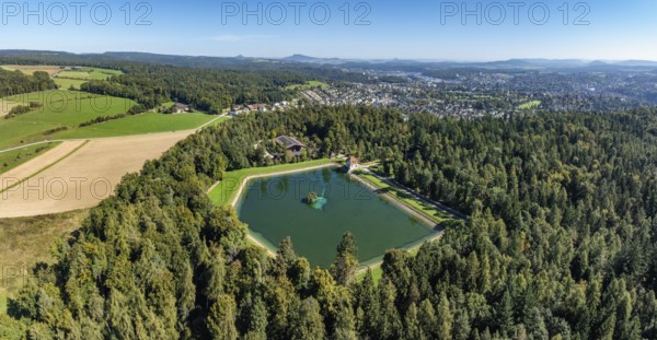 Aerial view, panorama of the Engeweiher above Schaffhausen, built in 1907 and the first pumped storage plant in Switzerland, the Hegau Mountains on the horizon, Canton Schaffhausen, Switzerland
