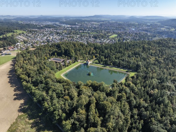 Aerial view of the Engeweiher above Schaffhausen, built in 1907 and the first pumped storage plant in Switzerland, with the Hegau Mountains on the horizon, Canton Schaffhausen, Switzerland
