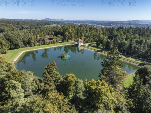 Aerial view of the Engeweiher above Schaffhausen, built in 1907 and the first pumped storage plant in Switzerland, with the Hegau Mountains on the horizon, Canton Schaffhausen, Switzerland