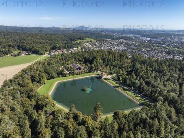 Aerial view of the Engeweiher above Schaffhausen, built in 1907 and the first pumped storage plant in Switzerland, with the Hegau Mountains on the horizon, Canton Schaffhausen, Switzerland