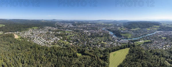 Aerial view, panorama of the city of Schaffhausen with the Rhine, on the horizon the Hegau mountains, Canton Schaffhausen, Switzerland