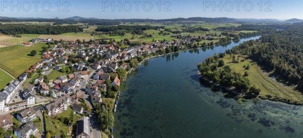 Aerial view, panorama of the municipality and enclave of Büsingen am Hochrhein, Rhine, on the left on the horizon the Hegau mountains, district of Constance, Baden-Württemberg, Germany