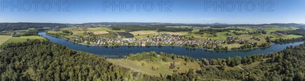 Aerial view, panorama of the municipality and enclave of Büsingen am Hochrhein, Rhine, on the right on the horizon the Hegau mountains, district of Constance, Baden-Württemberg, Germany