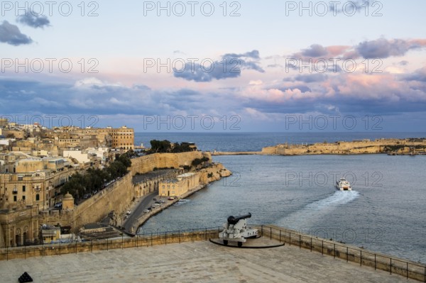 Seafront, amazing view of historic La Valletta with Lower Barrakka gardens, taken from Upper Barrakka garden, capital city, Malta