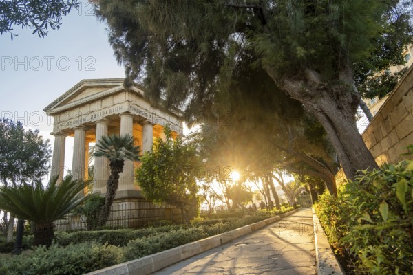 Wonderful neoclassical Monument at Sunrise in Lower Barrakka Gardens, Valletta, Malta