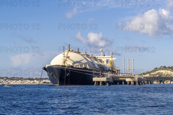 Floating Storage Unit or FSU next to power station by Marsaxlokk, south of Malta
