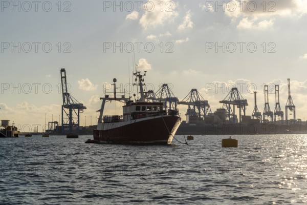 Silhouettes of industrial port with a small boat in the foreground, Marsaxlokk, Malta