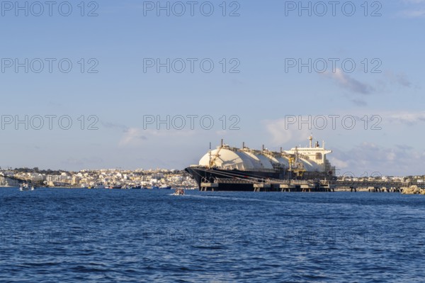 Floating Storage Unit or FSU next to power station by Marsaxlokk, south of Malta