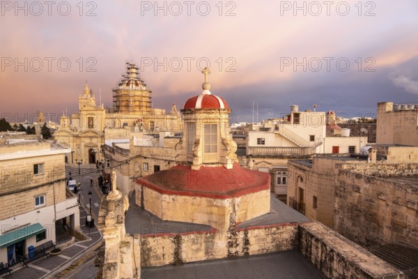 Rabat skyline with St Paul church dome on the left during sunset, Rabat Mdina, Malta