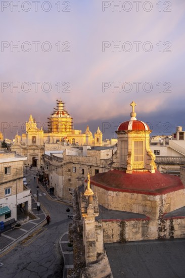 Rabat skyline with St Paul church dome on the left during sunset, Rabat Mdina, Malta