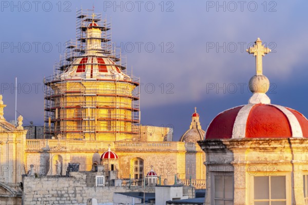 Rabat skyline with St Paul church dome on the left during sunset, Rabat Mdina, Malta