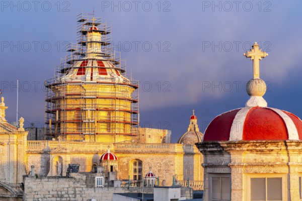 Rabat skyline with St Paul church dome on the left during sunset, Rabat Mdina, Malta