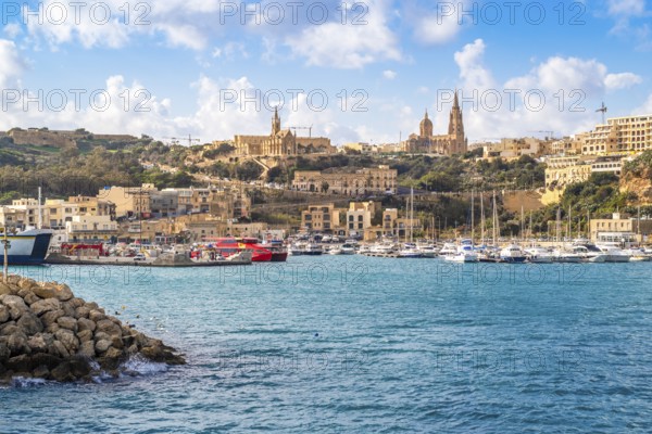 Beautiful view of Mgarr located on Gozo island, the main harbour connecting the island to Malta, Malta