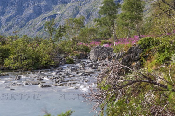 River Sjoa in front of the rock face of Mount Besseggen, Jotunheimen National Park, Tessanden, Innlandet, Norway
