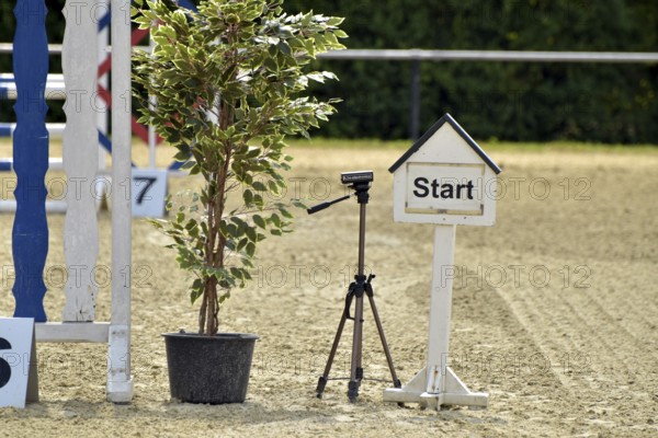 Starting area of a show jumping course with timing device at an equestrian event, Rhineland-Palatinate, Germany