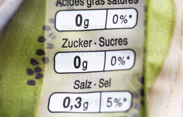 Quantity and percentage of the recommended daily intake of the nutrients sugar, salt and saturated fat on a packet of cornflakes
