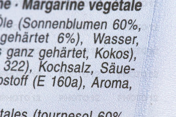 List of ingredients on a packet of margarine. Focus on flavour
